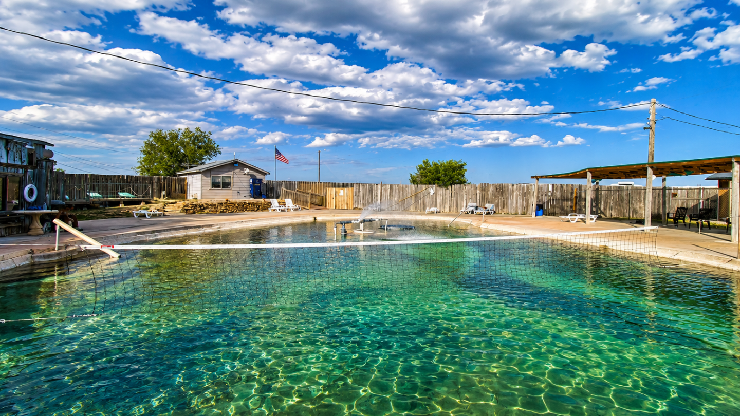 Outdoor swimming pool with a net, surrounded by fence, clear sky with clouds.